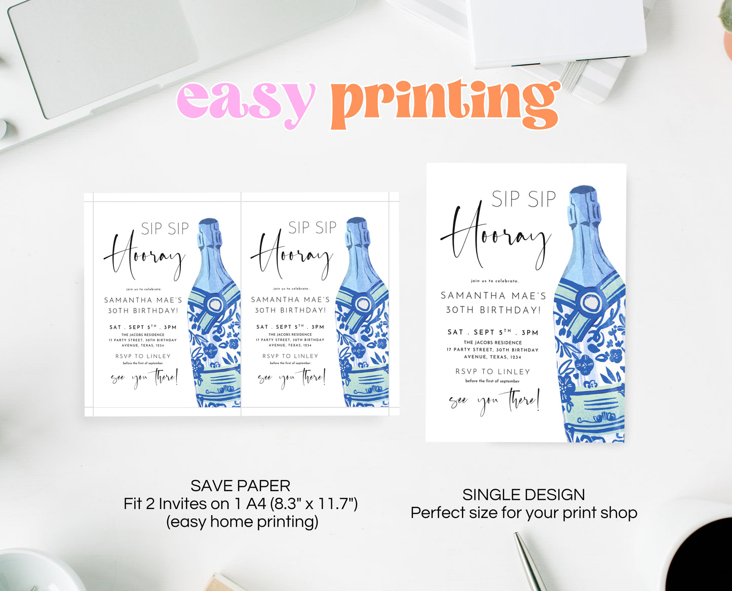 Editable Sip Sip Hooray Champagne Birthday Invitation Blue Modern Minimalist Boozy Party Printable Invite Template Instant Download