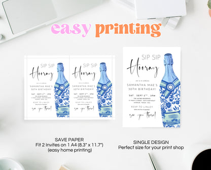 Editable Sip Sip Hooray Champagne Birthday Invitation Blue Modern Minimalist Boozy Party Printable Invite Template Instant Download