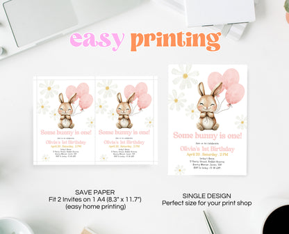 Editable Bunny Birthday Invitation, Some Bunny 1st Birthday Party, Hop On Over Bunny Birthday, Spring Birthday Rabbit Birthday Invite, EPC06