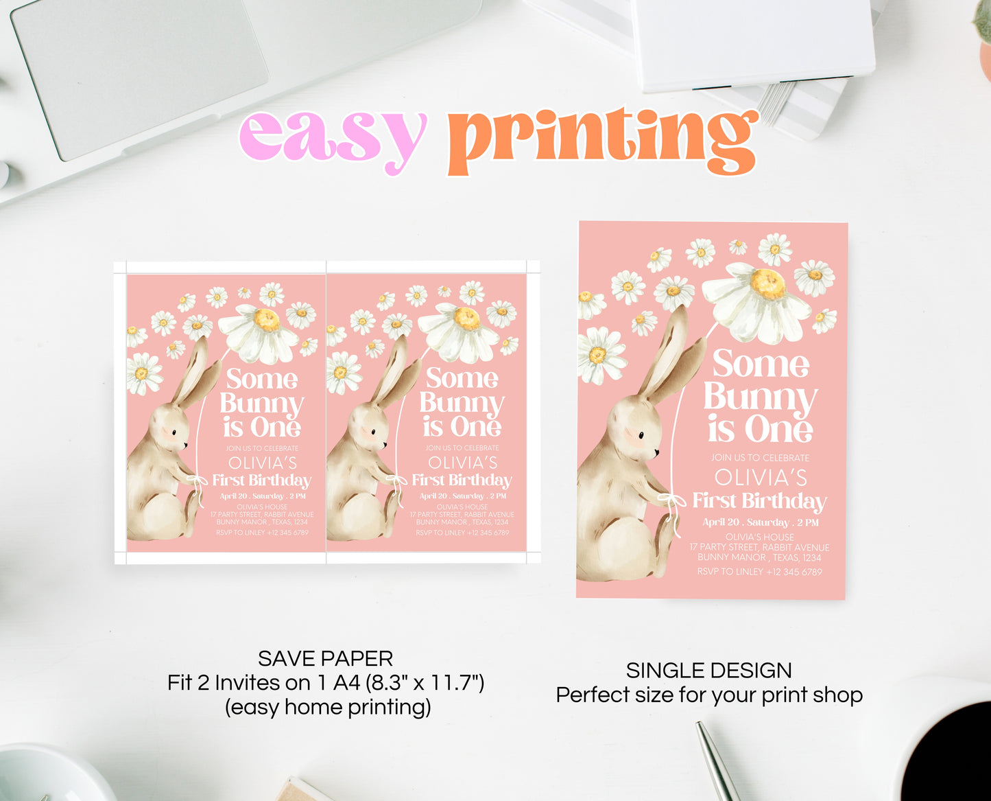 Editable Bunny Birthday Invitation, Some Bunny 1st Birthday Party, Hop On Over Bunny Birthday, Spring Birthday Rabbit Birthday Invite, EPC08