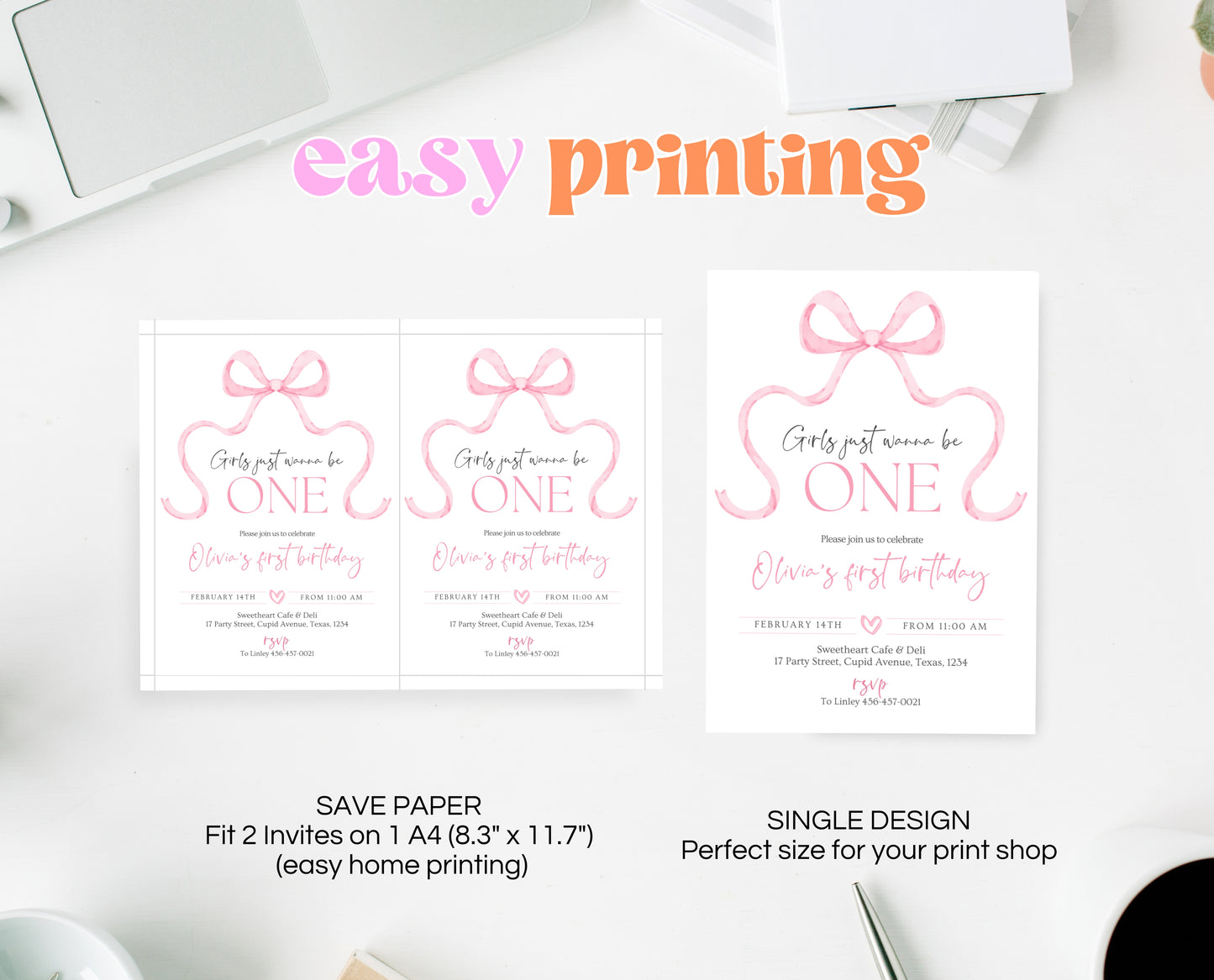 Editable Pink Bow Birthday Invitation, Girl First Birthday Printable, Pink Coquette Bow Invitation Birthday Girl Invite, Bow Invite, VDC12