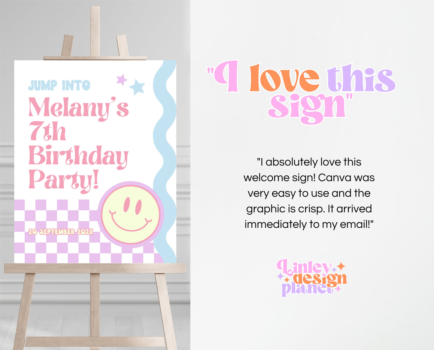 Editable Retro Smiley Birthday Welcome Sign, Preppy Smile Theme, Pink Checkered Smiley Birthday Sign, Retro Smiley Girl Welcome Sign, GBP17