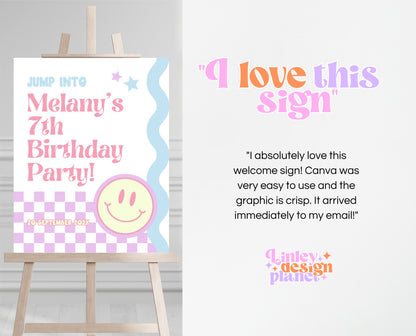 Editable Retro Smiley Birthday Welcome Sign, Preppy Smile Theme, Pink Checkered Smiley Birthday Sign, Retro Smiley Girl Welcome Sign, GBP17
