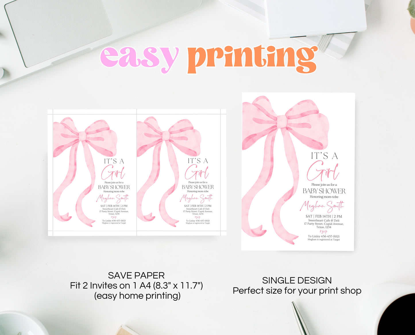 Editable Pink Bow Baby Shower Invitation, It's A Girl Baby Shower, Pink Coquette Bow Invitation Baby Shower Girl Invite, Bow Invite, VDC12