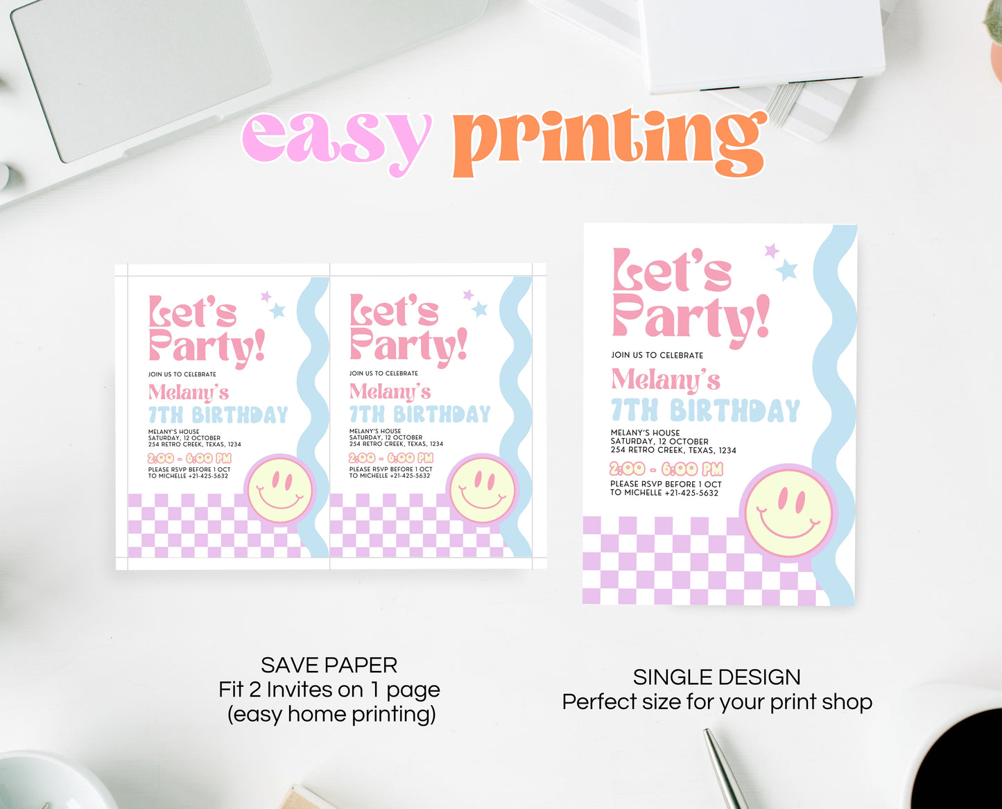 Editable Retro Smiley Birthday Invitation, Preppy Smile Theme Invite, Pink Checkered Smiley Birthday Invite, Retro Smiley Girl Invite, GBP17
