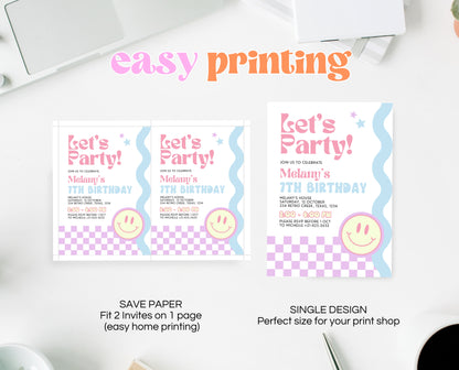 Editable Retro Smiley Birthday Invitation, Preppy Smile Theme Invite, Pink Checkered Smiley Birthday Invite, Retro Smiley Girl Invite, GBP17