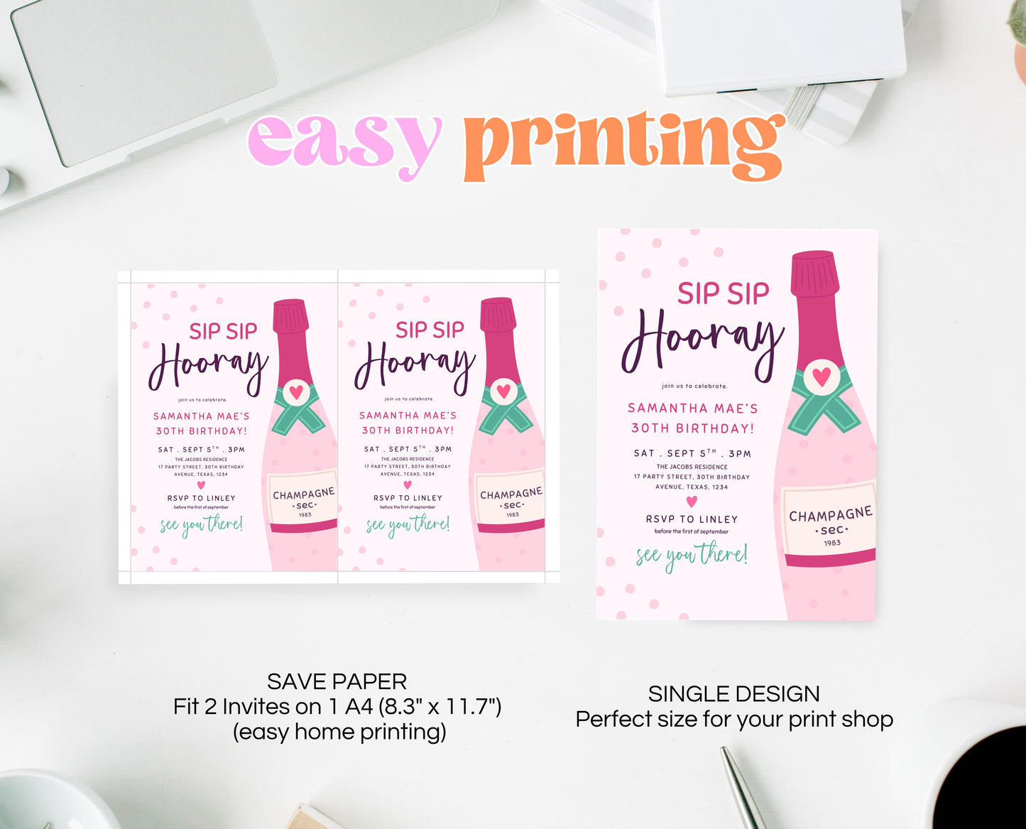 Editable Sip Sip Hooray Pink Champagne Birthday Invitation Cute Bubbly Party Template Modern Girly Printable Invite