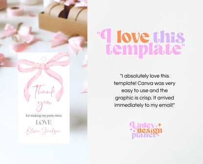Editable Pink Bow Birthday Favor Tag, Girl First Birthday Printable, Pink Coquette Bow Girl Favor Gift Tag, Bow Tag, Instant Download, VDC12