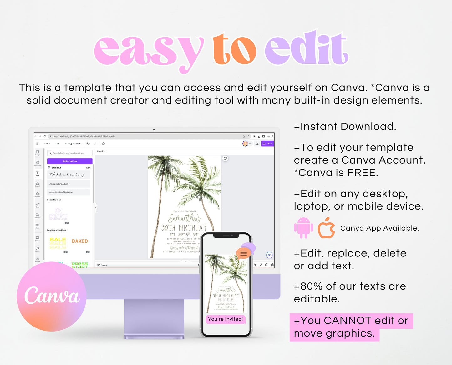 Editable Palm Birthday Invitation Template Folk Palm Trees Summer Party Beach Theme Watercolour Modern Instant Download Printable AB11
