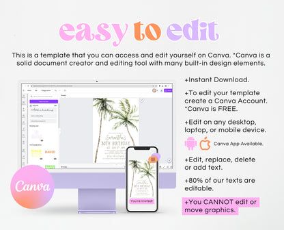 Editable Palm Birthday Invitation Template Folk Palm Trees Summer Party Beach Theme Watercolour Modern Instant Download Printable AB11