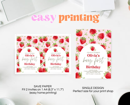 Editable Berry First Birthday Invitation, Strawberry Arch 1st Birthday Girl Invite, Printable Strawberry First Birthday Girl Invitation, GBP05