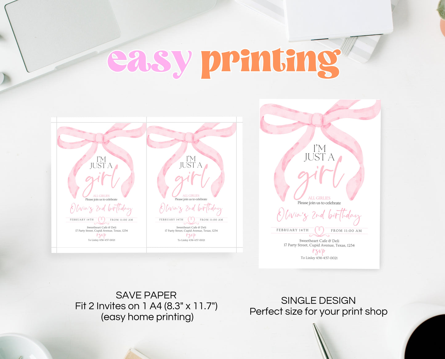 Editable Pink Bow Birthday Invitation, Girl First Birthday Printable, Pink Coquette Bow Invitation Birthday Girl Invite, Bow Invite, VDC12