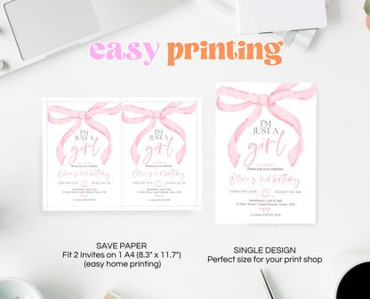 Editable Pink Bow Birthday Invitation, Girl First Birthday Printable, Pink Coquette Bow Invitation Birthday Girl Invite, Bow Invite, VDC12