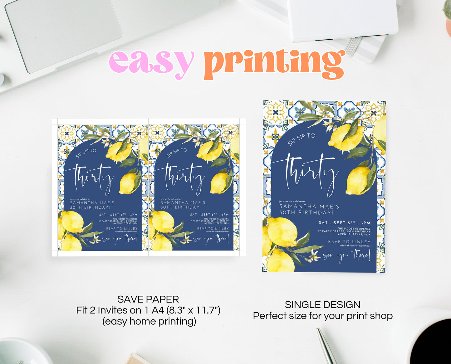 Editable Mediterranean Lemon Birthday Invitation Blue Tiles Italy Theme Summer Party Printable Boho Adult Birthday Invite Template AB15