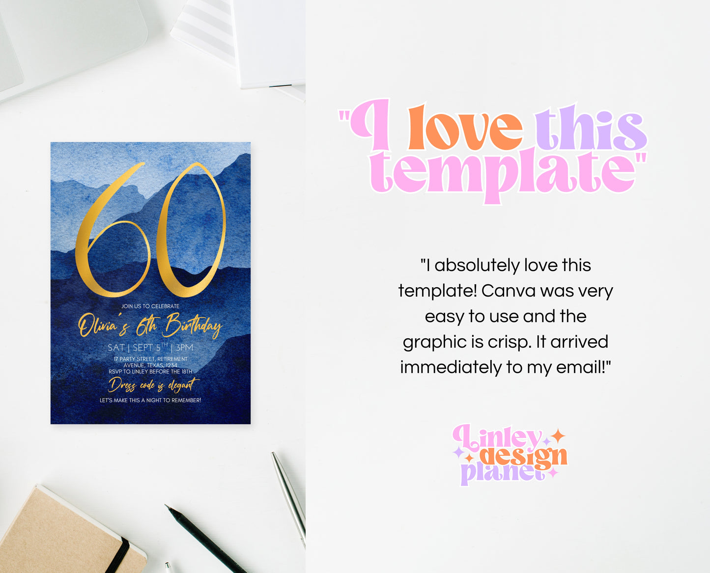 Editable 60th Birthday Invitation, Mobile 60th Birthday Invite, Blue Gold 60th Birthday Decor, 60th Balloon Invite, Instant Download, AB09
