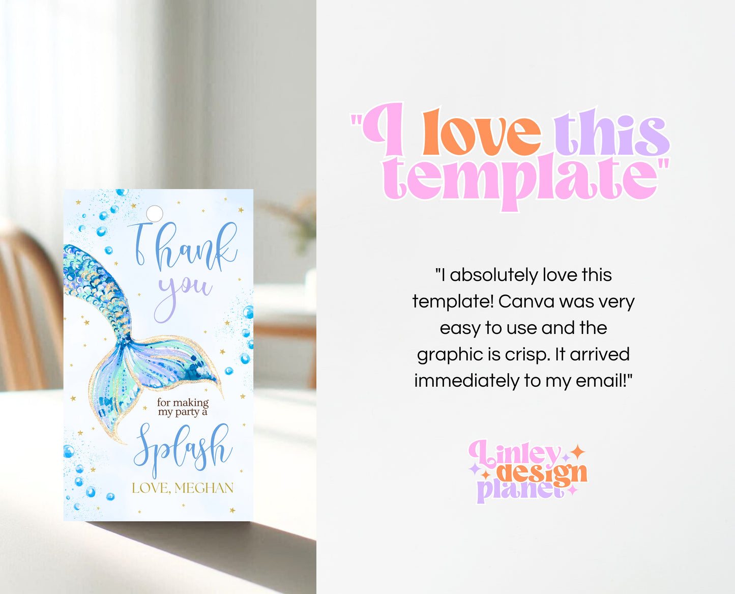 Editable Mermaid Tail Birthday Favor Tag, Under the Sea Birthday Thank You Tag, Birthday Template, Blue And Gold Glitter Mermaid Tag, GBP12