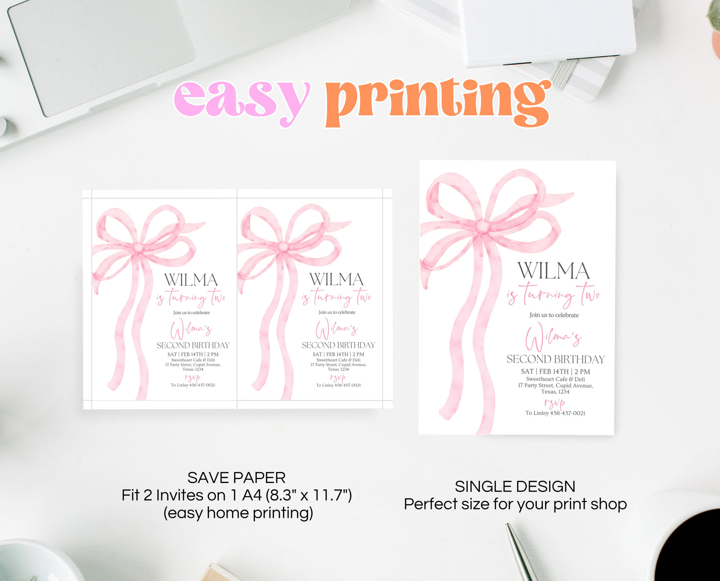Editable Pink Bow Birthday Invitation, Girl First Birthday Printable, Pink Coquette Bow Invitation Birthday Girl Invite, Bow Invite, VDC12