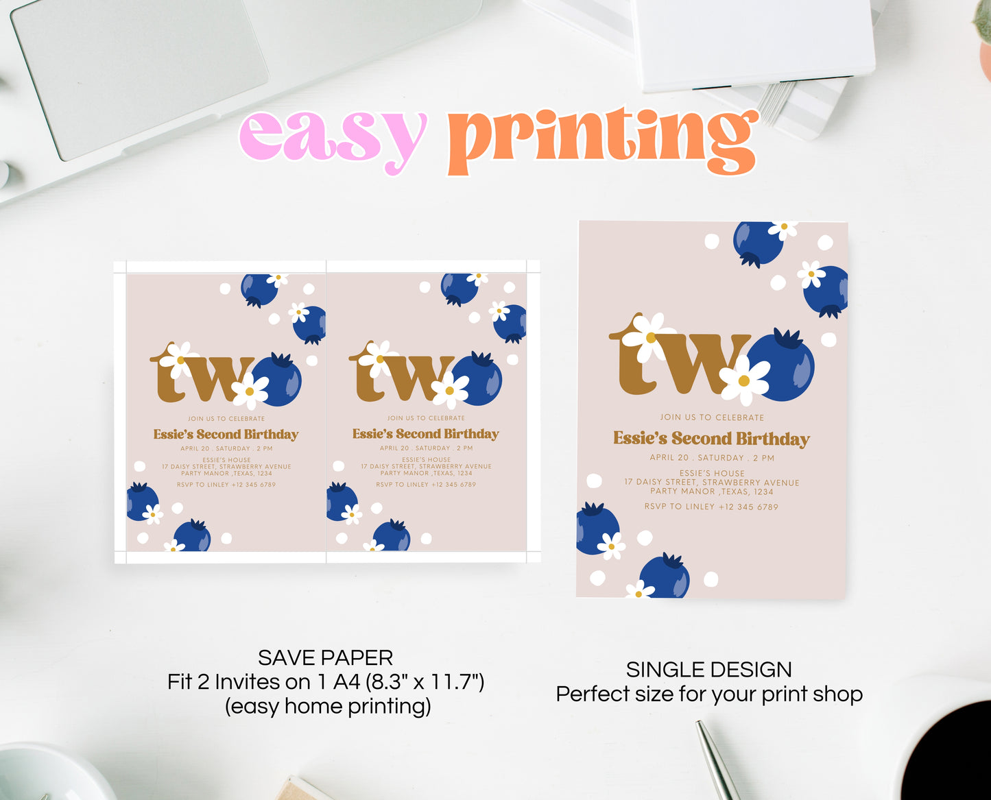 Editable Berry 2nd Birthday Invitation, Gold Blueberry 2nd Birthday Girl Invite, Printable Blueberry Second Birthday Girl Invitation, GBP03