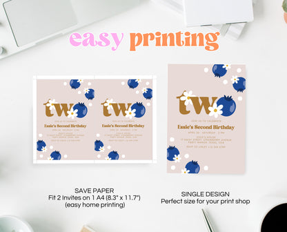 Editable Berry 2nd Birthday Invitation, Gold Blueberry 2nd Birthday Girl Invite, Printable Blueberry Second Birthday Girl Invitation, GBP03