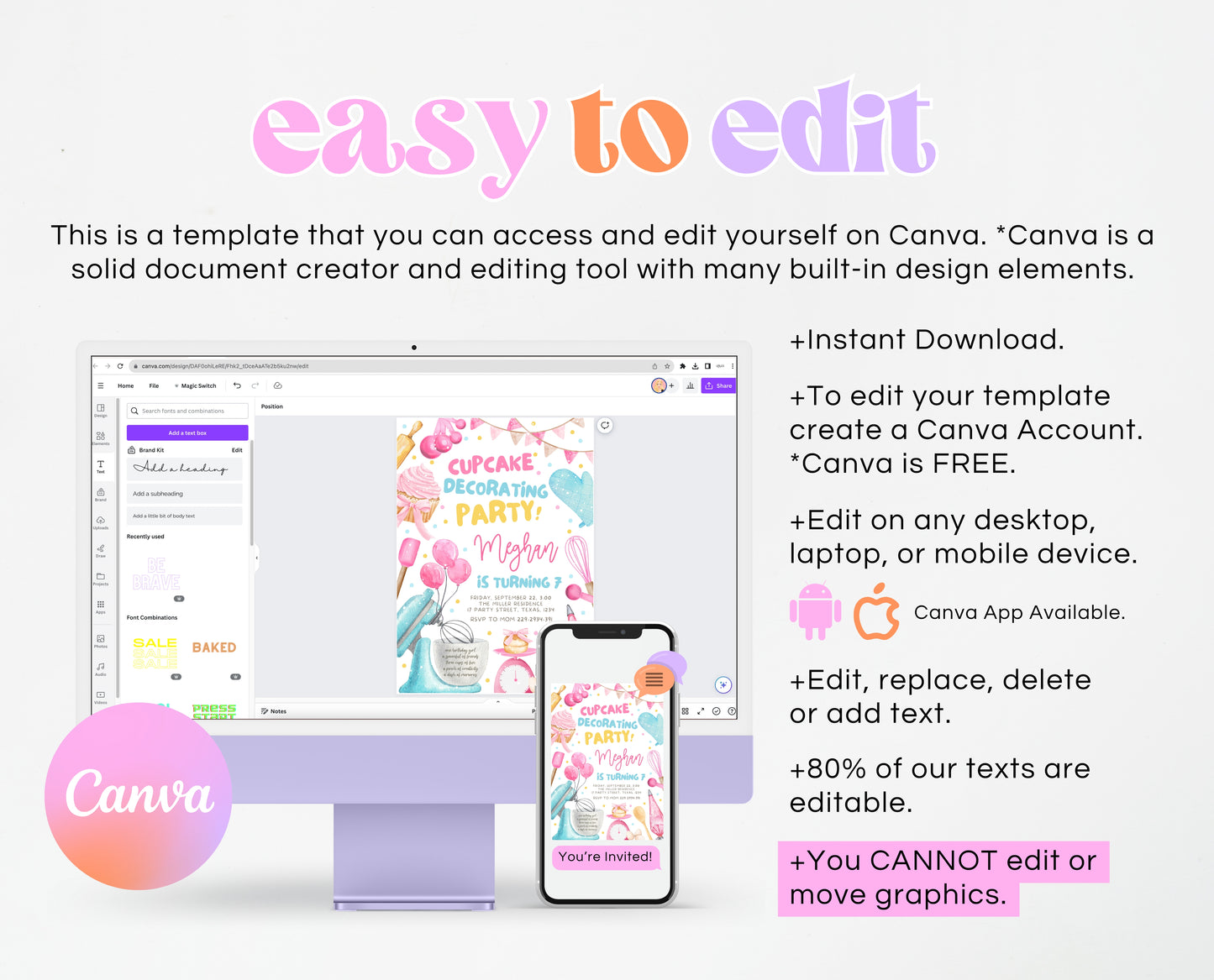 Editable Cupcake Decorating Birthday Invitation Kids Baking Party Chef Girl Invite Pink Cooking Party Instant Download Printable GBP50