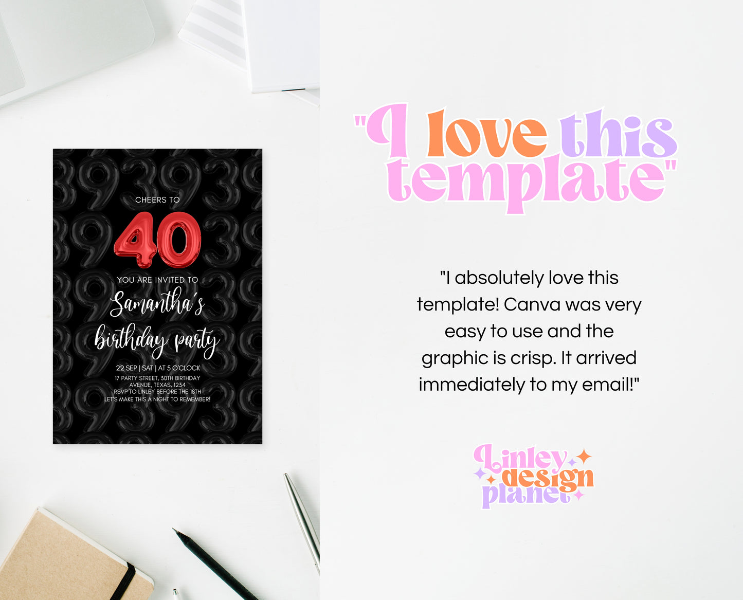 Editable 40th Birthday Invitation, Black 40th Birthday Invite, 40th Balloon Birthday Invite, Modern Minimalist Birthday Invitation, AB07