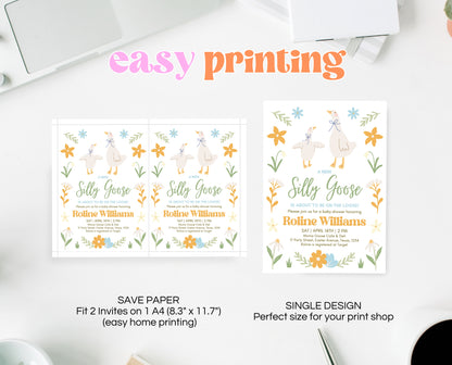 Editable Goose Baby Shower Invitation, A Silly Goose Baby Shower Invitation, Floral Whimsical Goose Invite, Easter Baby Shower Invite, EPC02