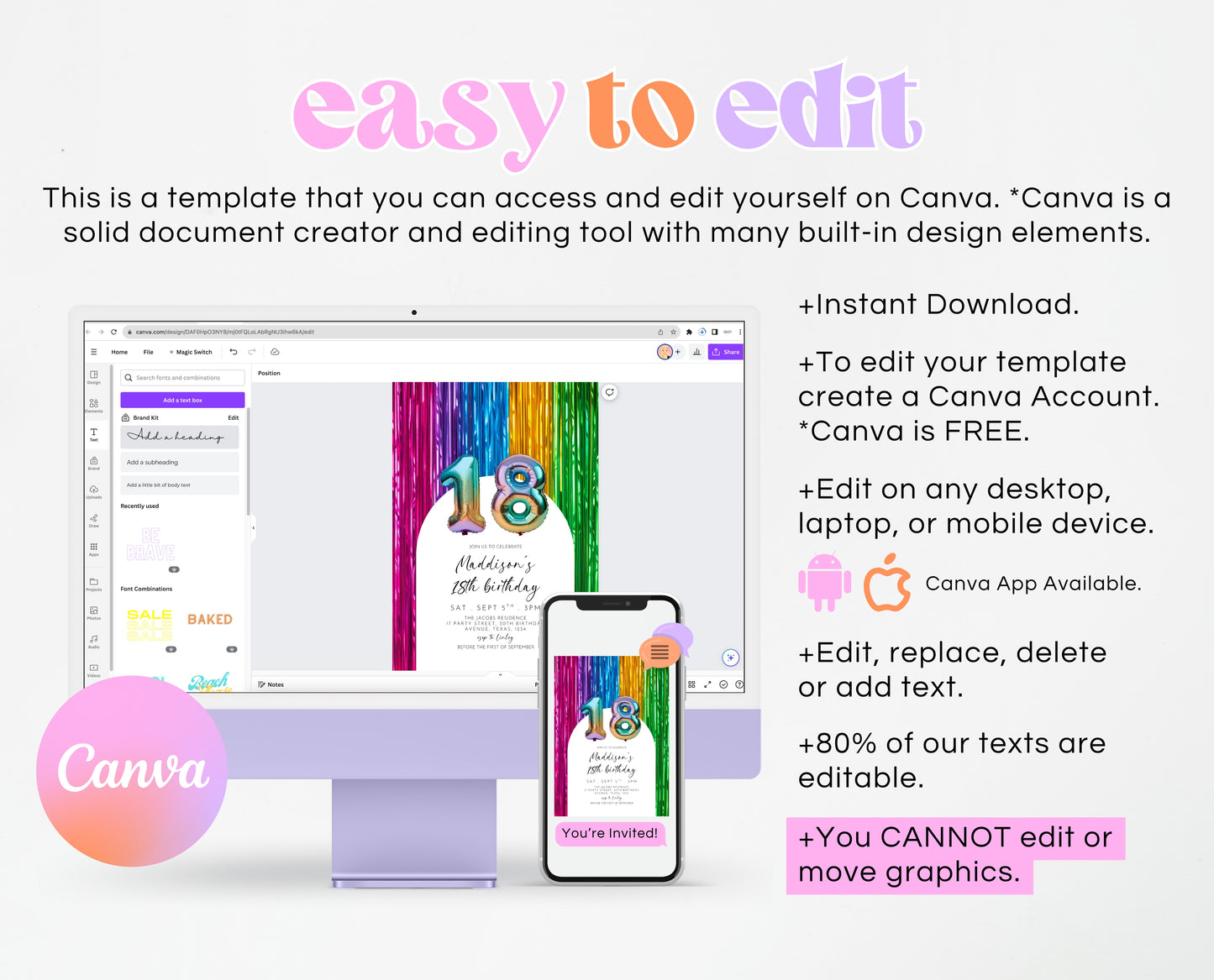 Editable 18th Birthday Invitation Rainbow Streamers Theme Colourful Fun Party Design Digital Template Instant Download Printable Invite