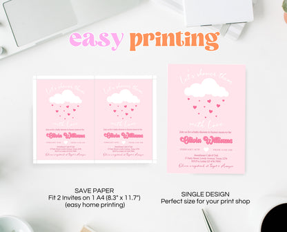 Editable Valentine Baby Shower Invitation, Showered With Love Baby Shower Invite, Pink Cloud Hearts Baby Shower Invite, Download, VDC11
