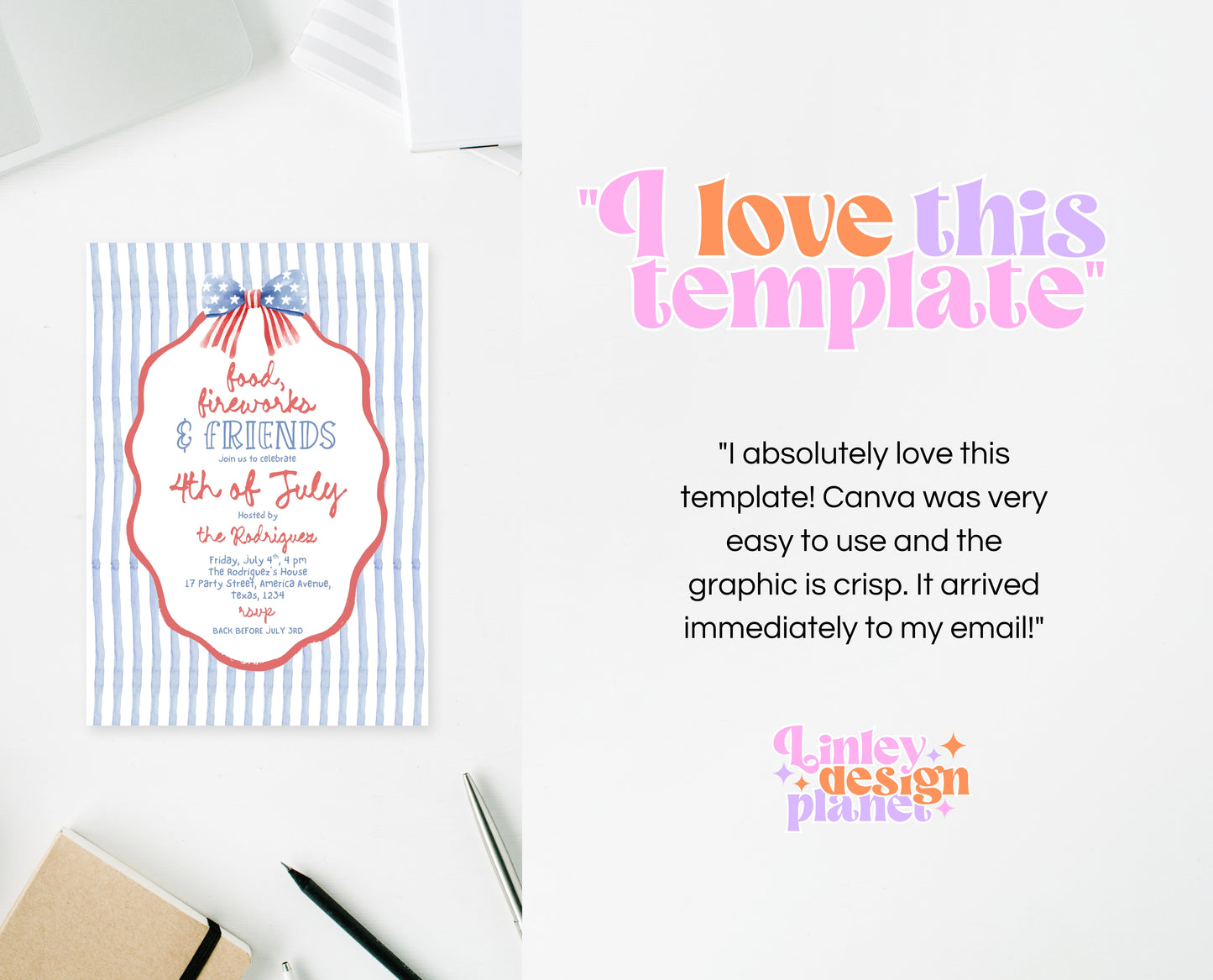 Editable Whimsical 4th Of July Invitation, Independence Day BBQ Invite, American Bow Invitation, July 4th BBQ Invite, July Fourth Invite
