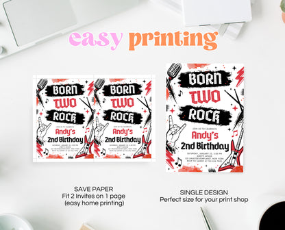 Editable Born Two Rock 2nd Birthday Party Invitation, Boy Rock And Roll Party Invitation, Punk Rock Birthday Invite, Red Rock Invite, BBP08