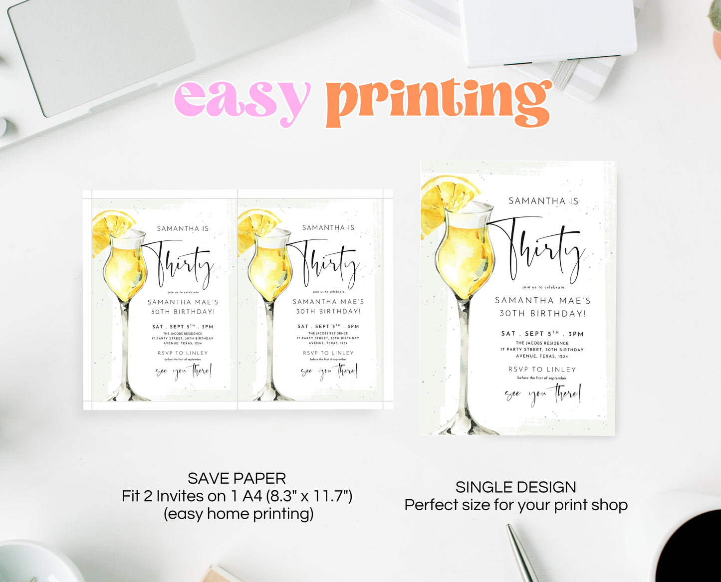 Editable Citrus Cocktail Birthday Invitation Lemon Drink Party Sip Sip It's My Birthday Printable Invite Template Instant Download 30th