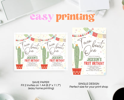 Editable Fiesta Taco Bout One Birthday Invitation, 1st Fiesta Birthday, Cactus Mexican Invite, Boy, Girl, Instant Download, Printable, BBP05