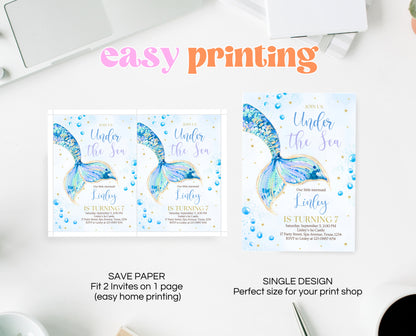 Editable Mermaid Tail Birthday Invitation, Under the Sea Birthday Invitation, Birthday Template, Blue And Gold Glitter Mermaid Invite, GBP12