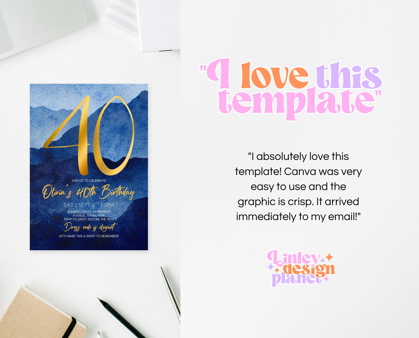 Editable 40th Birthday Invitation Blue Gold Digital Template Modern Mobile Invite for Him Instant Download Printable Party Design AB09