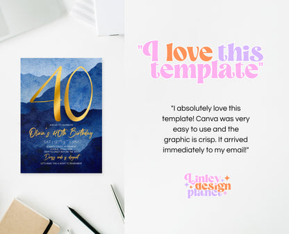Editable 40th Birthday Invitation Blue Gold Digital Template Modern Mobile Invite for Him Instant Download Printable Party Design AB09
