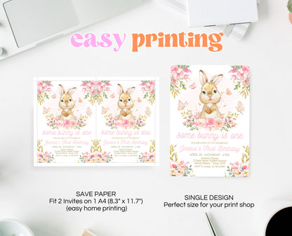 Editable Bunny Birthday Invitation, Pink Gold Some Bunny 1st Birthday, Floral Bunny Birthday, Spring Birthday Rabbit Birthday Invite, EPC09