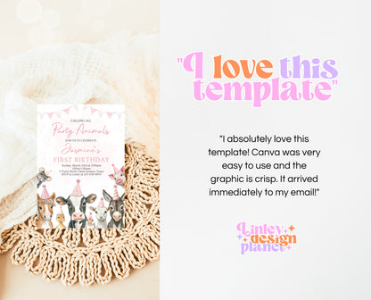 Editable Farm Girl Birthday Invitation, Pink Farm Birthday Party Invite, Calling All Party Animals, Pink Farm Animals Birthday Invite, GBP14