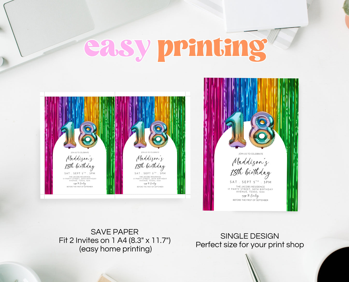 Editable 18th Birthday Invitation Rainbow Streamers Theme Colourful Fun Party Design Digital Template Instant Download Printable Invite