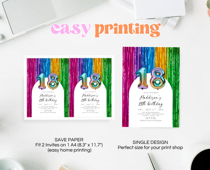 Editable 18th Birthday Invitation Rainbow Streamers Theme Colourful Fun Party Design Digital Template Instant Download Printable Invite