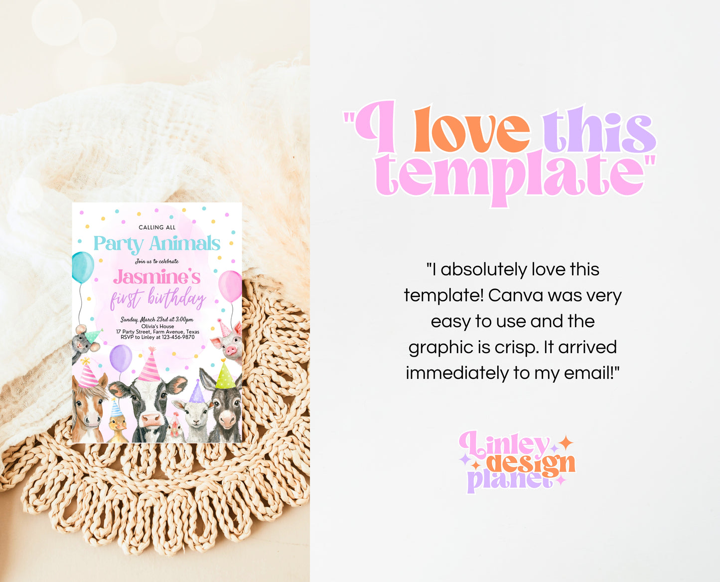 Editable Farm Girl Birthday Invitation, Pink Farm Birthday Party Invite, Calling All Party Animals, Rainbow Farm Animals Party Invite, GBP15
