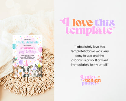 Editable Farm Girl Birthday Invitation, Pink Farm Birthday Party Invite, Calling All Party Animals, Rainbow Farm Animals Party Invite, GBP15