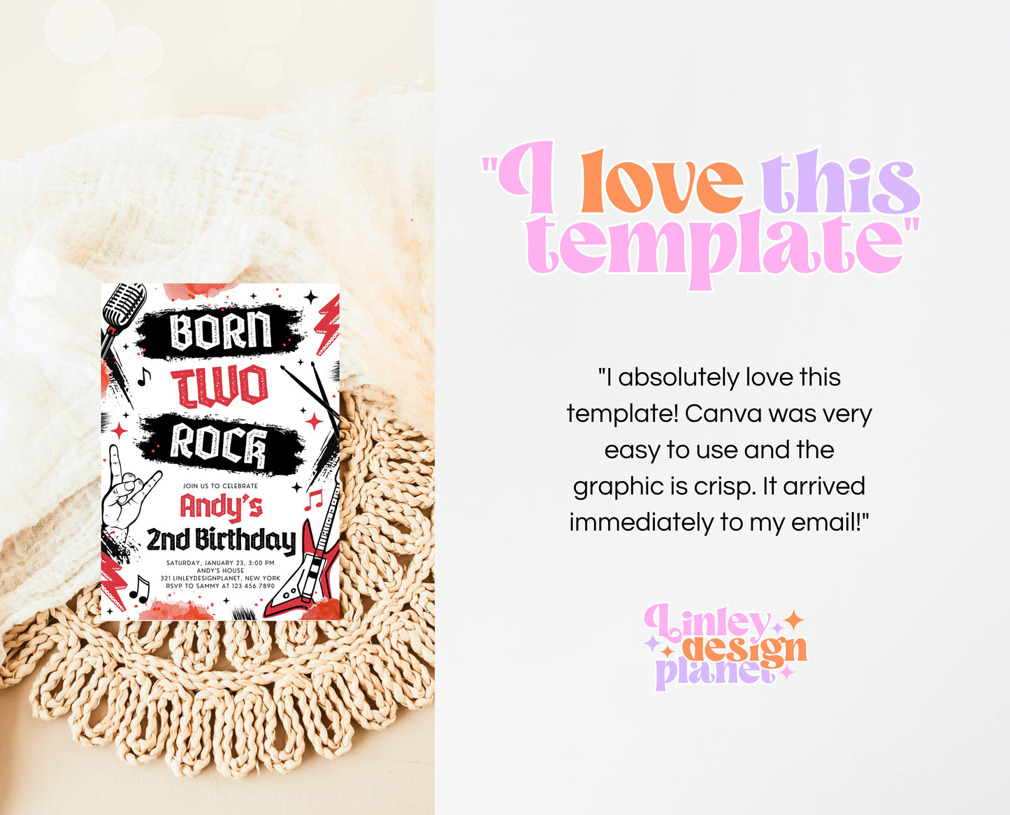 Editable Born Two Rock 2nd Birthday Party Invitation, Boy Rock And Roll Party Invitation, Punk Rock Birthday Invite, Red Rock Invite, BBP08