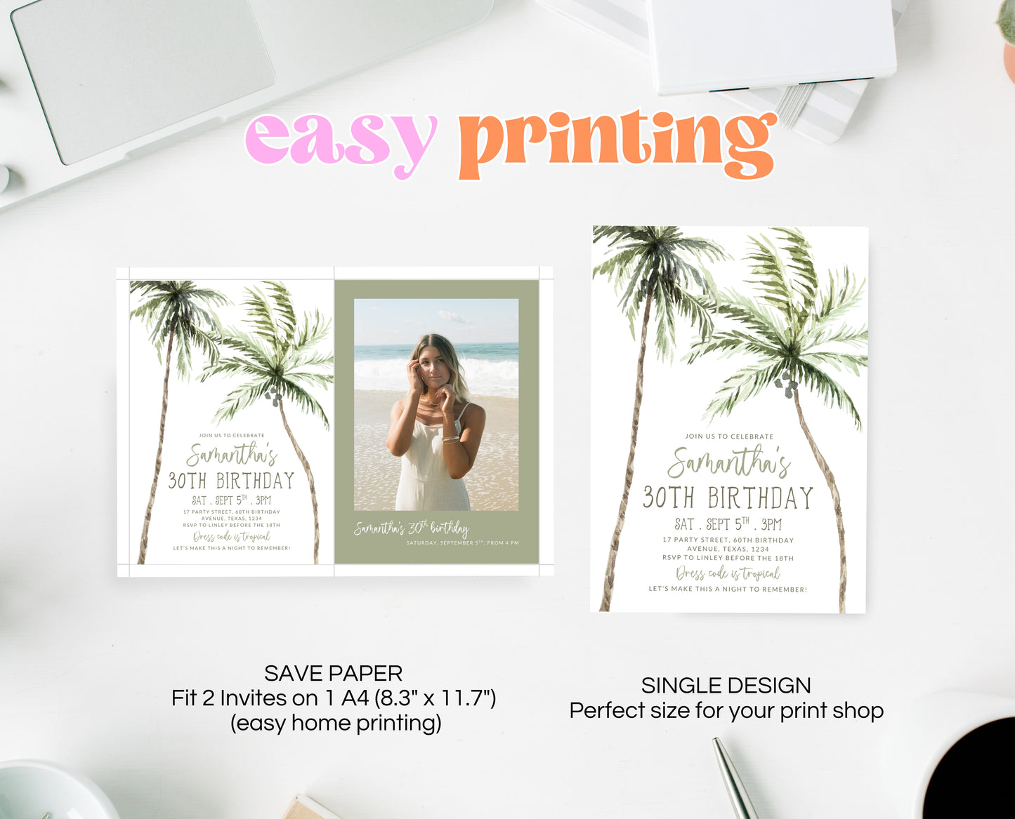 Editable Palm Birthday Invitation Template Folk Palm Trees Summer Party Beach Theme Watercolour Modern Instant Download Printable AB11