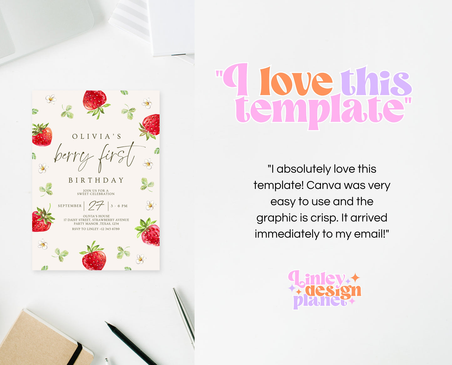 Editable Berry First Birthday Invitation, Strawberry 1st Birthday Girl Invite, Printable Strawberry First Birthday Girl Invitation, GBP04