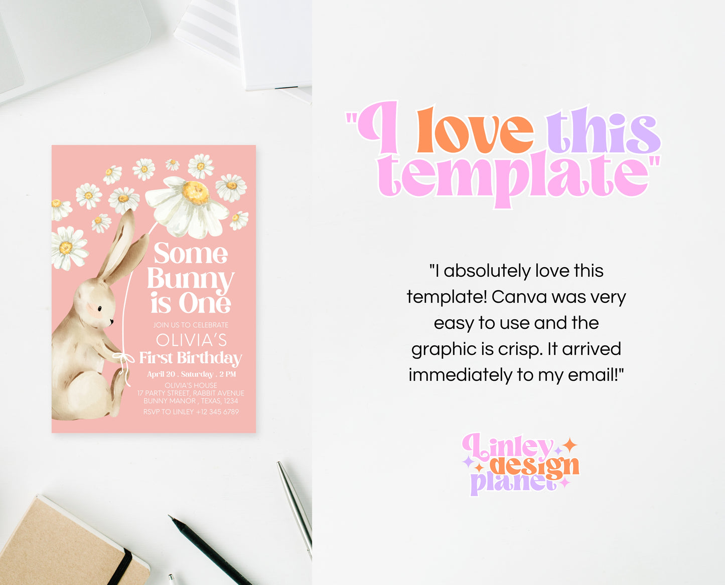 Editable Bunny Birthday Invitation, Some Bunny 1st Birthday Party, Hop On Over Bunny Birthday, Spring Birthday Rabbit Birthday Invite, EPC08