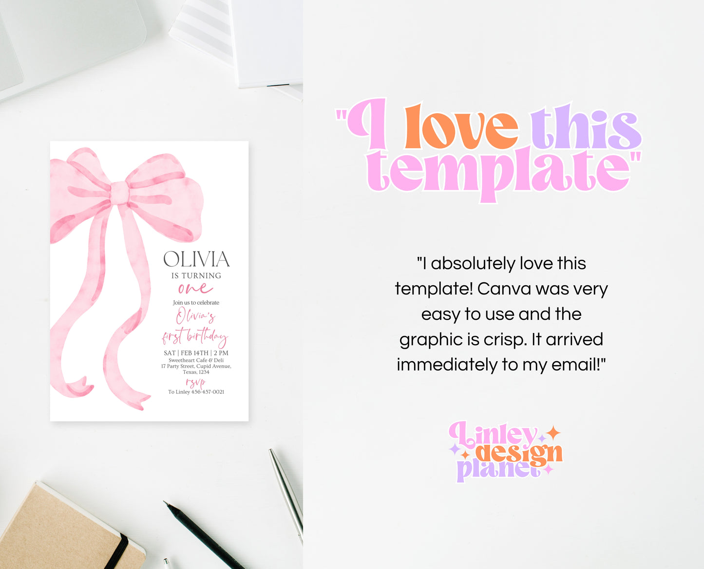 Editable Pink Bow Birthday Invitation, Girl First Birthday Printable, Pink Coquette Bow Invitation Birthday Girl Invite, Bow Invite, VDC12