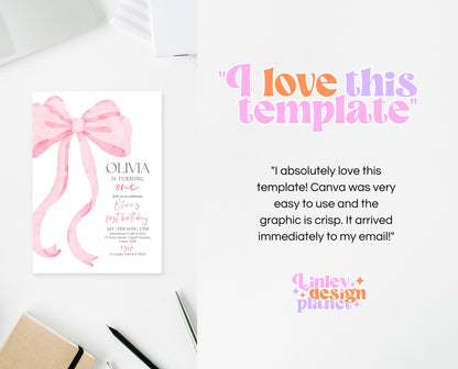 Editable Pink Bow Birthday Invitation, Girl First Birthday Printable, Pink Coquette Bow Invitation Birthday Girl Invite, Bow Invite, VDC12