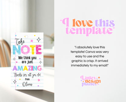 Editable Teacher Appreciation Tag, Teacher Notebook Gift Tag, Thank You Gift Tag, End of School Year Appreciation Week, Digital, Printable