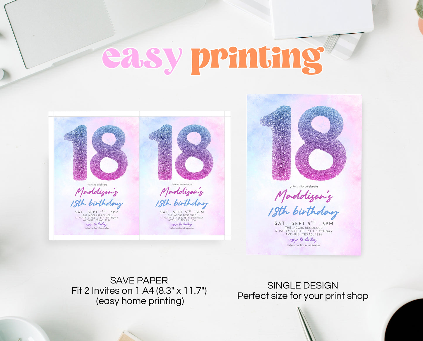 Editable 18th Birthday Invitation Pink Purple Blue Glitter Design Modern Elegant Digital Party Template Printable Invite Instant Download