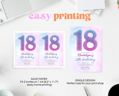 Editable 18th Birthday Invitation Pink Purple Blue Glitter Design Modern Elegant Digital Party Template Printable Invite Instant Download
